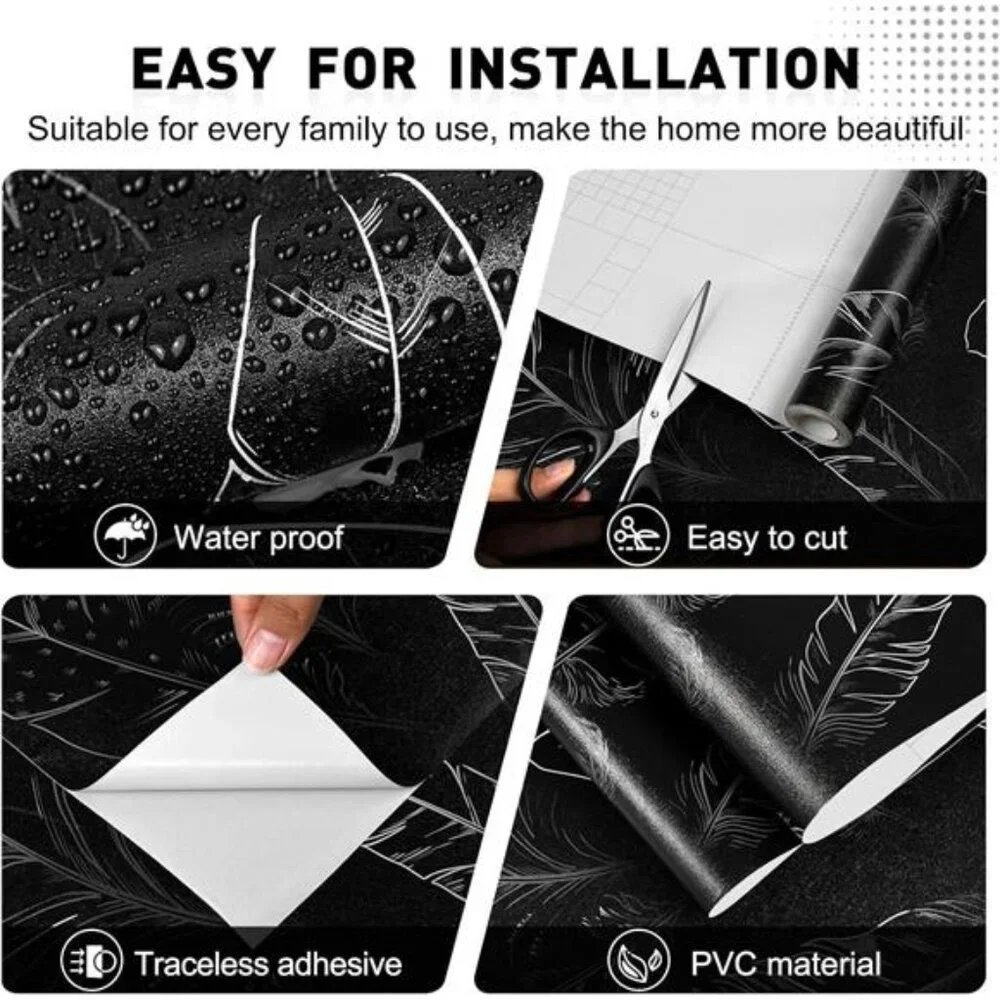Black Peel and Stick Wallpaper Feather Removable Modern Vinyl Wall Paper
